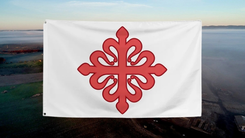 Flag of the Order of Calatrava, featuring a red cross design on a white background