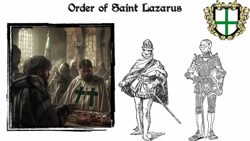 Members of the Order of Saint Lazarus depicted in a modern scene and historical illustrations