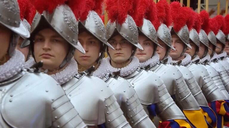 Swiss Guards in ceremonial armor with red plumes, highlighting "Swiss Guard vs. Other Royal Bodyguards"