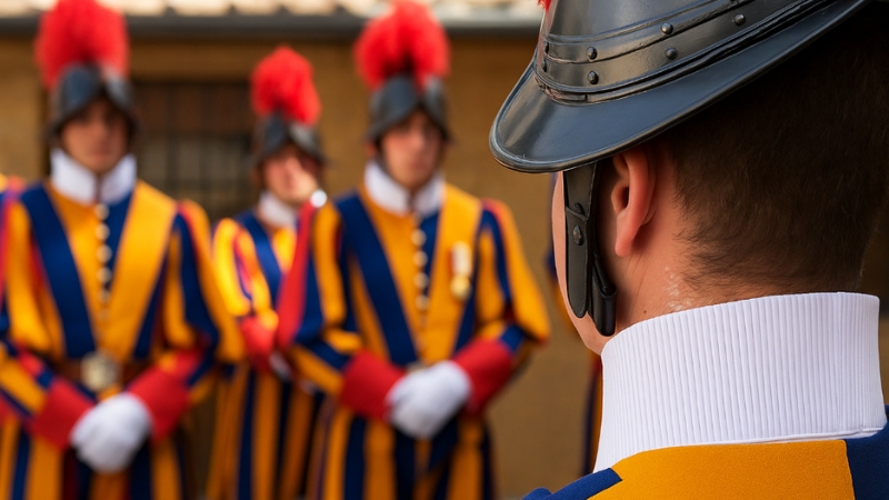 Swiss Guards in their traditional uniforms, standing in formation with a focus on the guard in the foreground